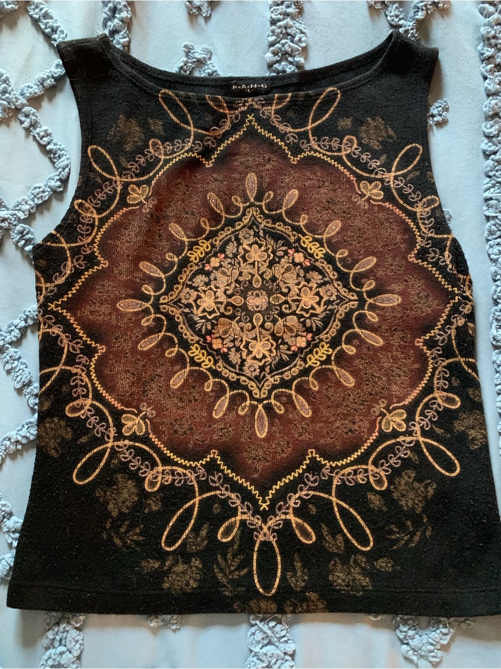 Vintage FANG Black Knit Tank with Brown and Gold Boho Mandala Graphic